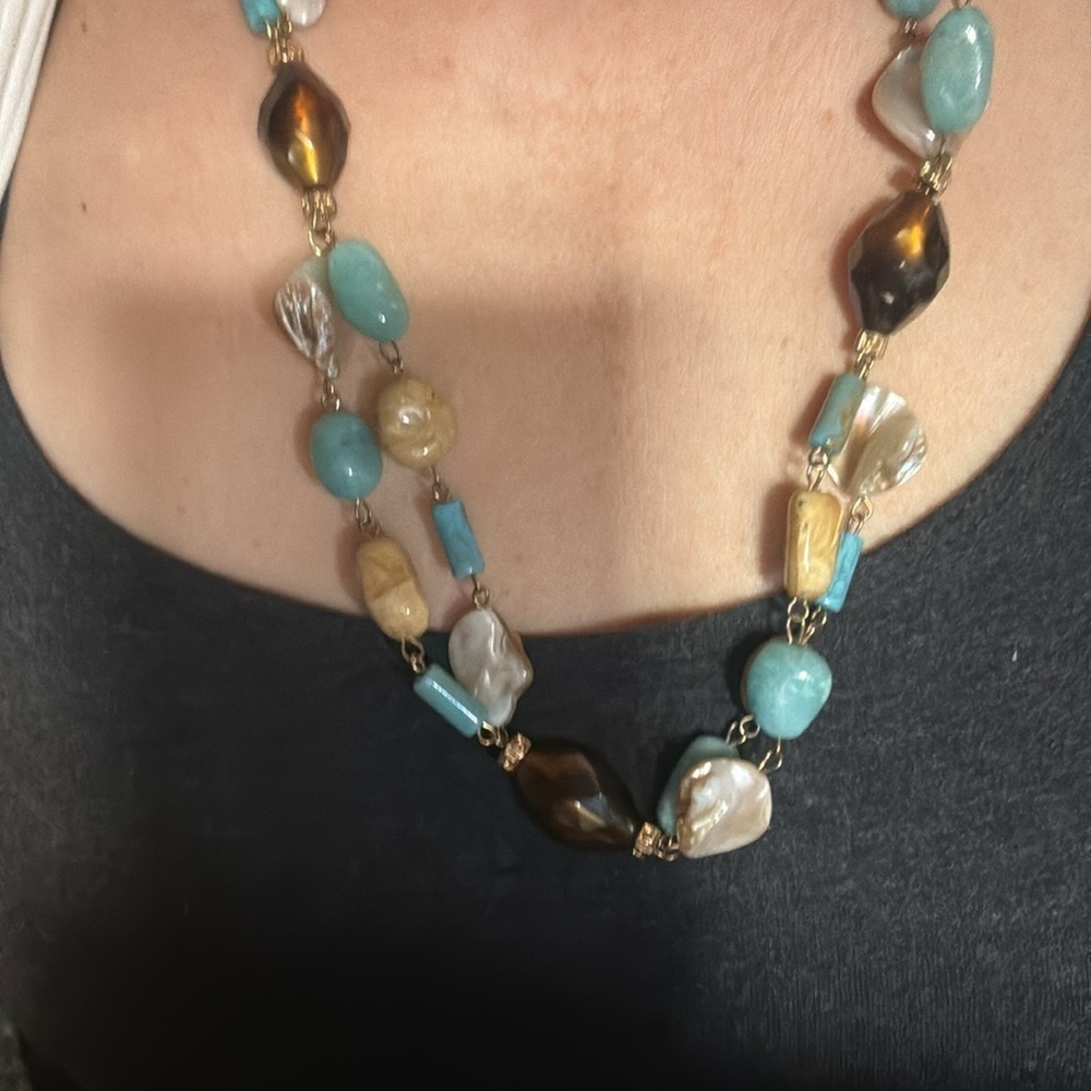 Tri colour beaded double strand necklace in turquoise beige and brown